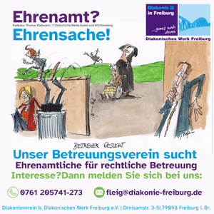 Grafik mit Richter und Person im Rollstuhl die Ausschau nach Ehrenamtlichen halten