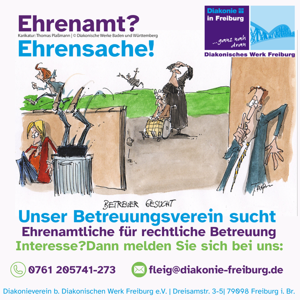 Grafik mit Richter und Person im Rollstuhl die Ausschau nach Ehrenamtlichen halten