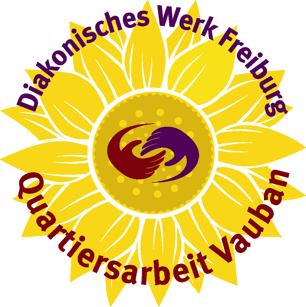 Sonnenblume mit Schriftzug Diakonisches Werk Freiburg Quartiersarbeit Vauban